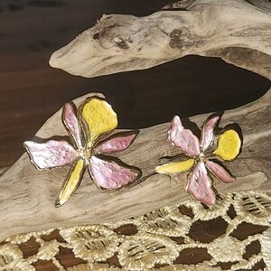 2 Orchid Brooches Floral Pink and Yellow Pins Vintage